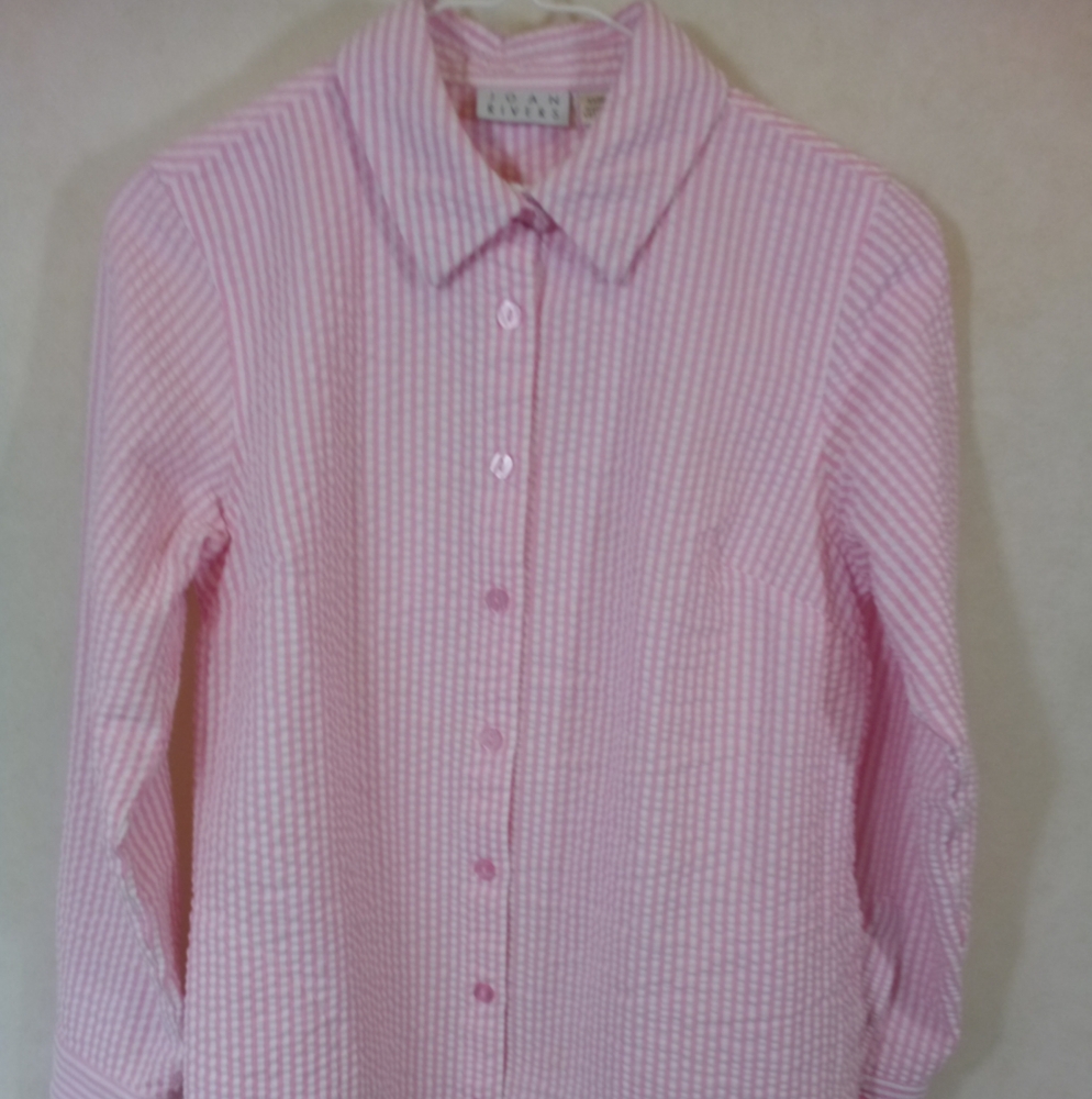 Vintage Joan Rivers L/S Pink White Striped Seersucker Button Down Shirt XXSP